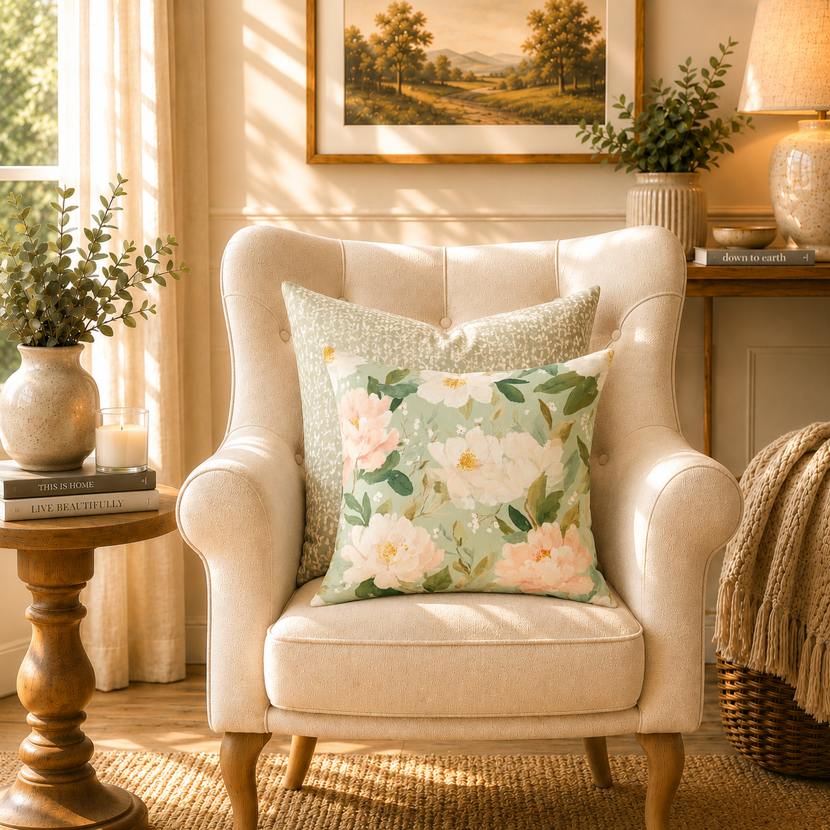 Blush Peonies Decorative Pillow | Square Throw Pillow