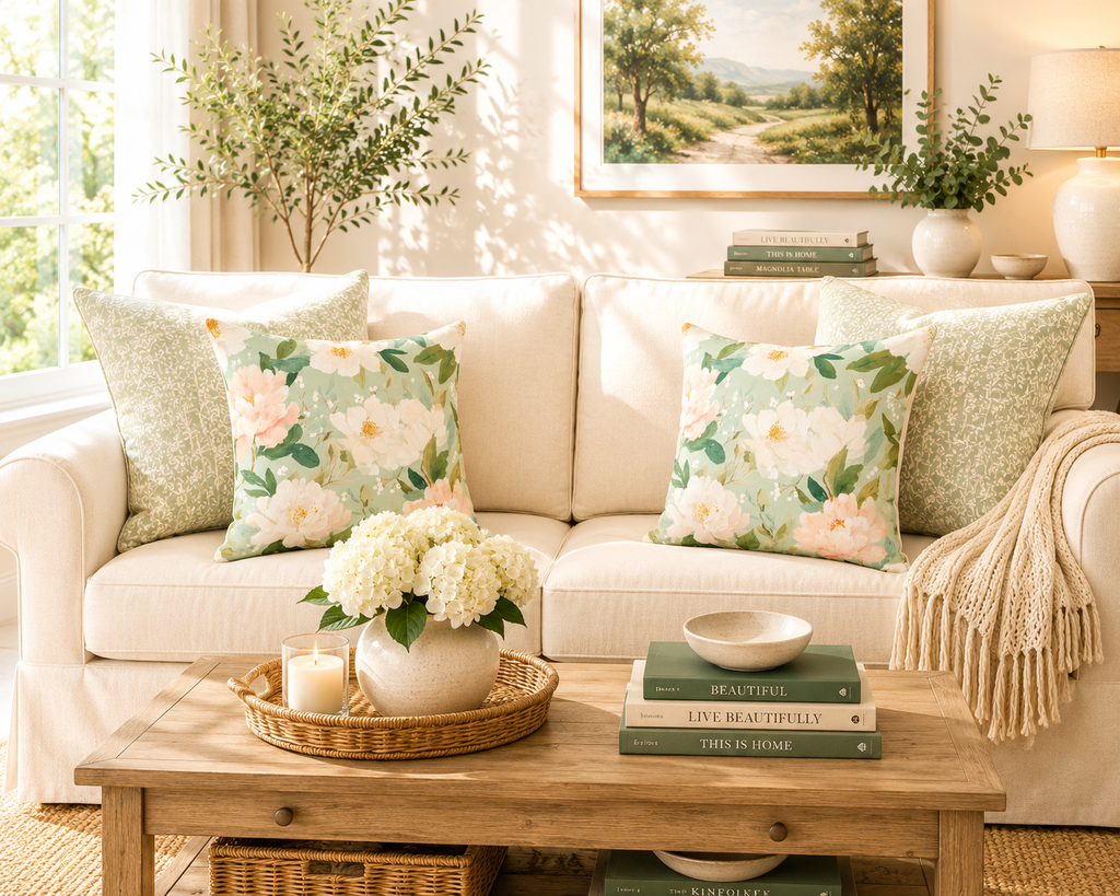 Blush Peonies Decorative Pillow | Square Throw Pillow