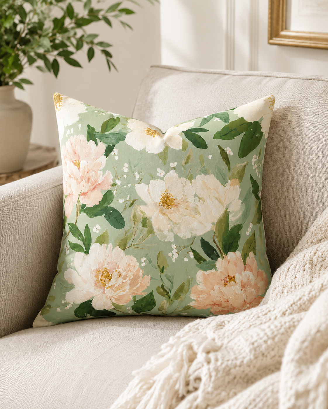 Blush Peonies Decorative Pillow | Square Throw Pillow