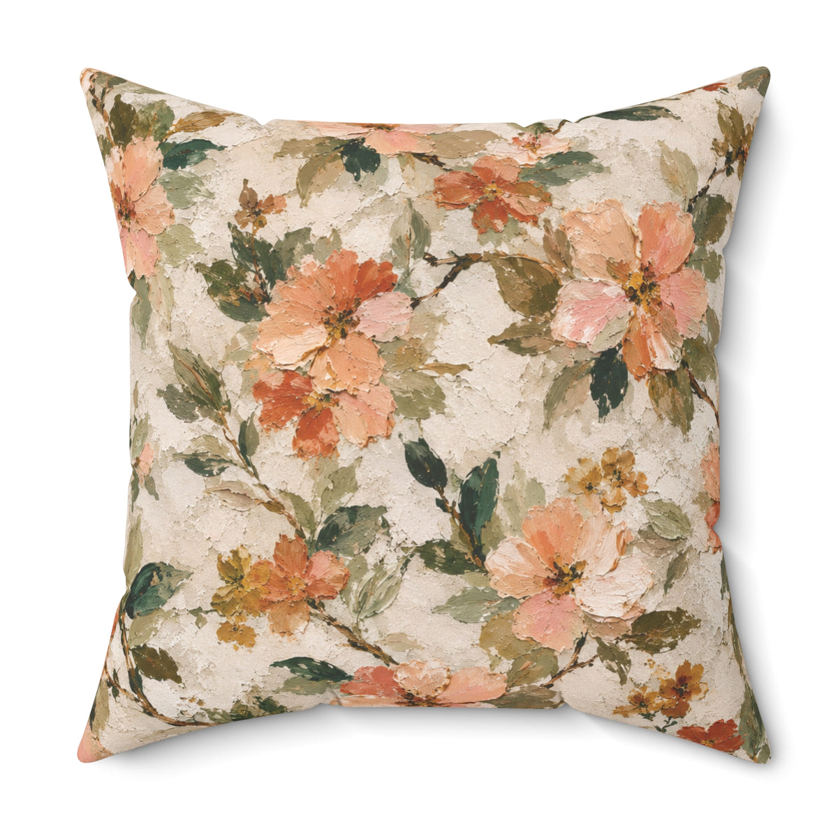 Watercolor Peach Floral Square Pillow | Cottagecore Floral Pillow